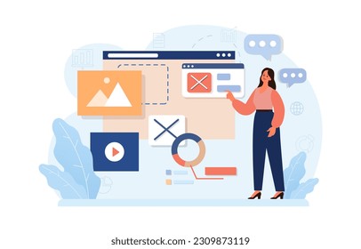 Marketing campaign. Brand or product advertising with entertaining and engaging content. Character developing and following a content plan in social media and website. Flat vector illustration