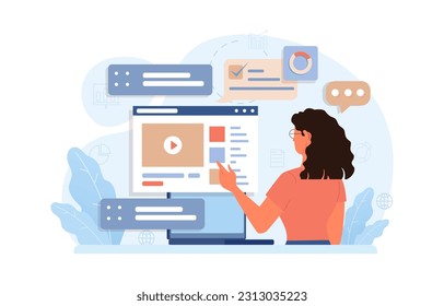 Marketing campaign. Brand or product advertising with entertaining and engaging content. Character developing and following a content plan in social media and website. Flat vector illustration