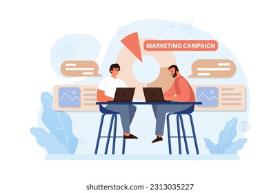 Marketing campaign. Brand or product advertising with entertaining and engaging content. Character developing and following a content plan in social media and website. Flat vector illustration