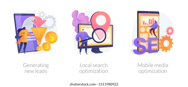 Marketing campaign icons set. Customer attraction, SEO promotion. Generating new leads, local search optimization, mobile media optimization metaphors. Vector isolated concept metaphor illustrations.