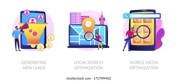 Marketing campaign icons set. Customer attraction, SEO promotion. Generating new leads, local search optimization, mobile media optimization metaphors. Vector isolated concept metaphor illustrations.