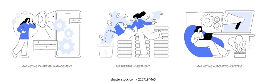 Marketing campaign management abstract concept vector illustration set. Investment and system automation, tracking and analysis, social media metrics, online platform dashboard abstract metaphor.