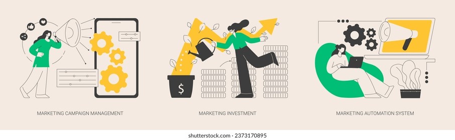 Marketing campaign management abstract concept vector illustration set. Investment and system automation, tracking and analysis, social media metrics, online platform dashboard abstract metaphor.