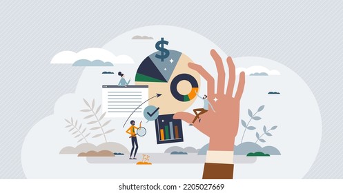 Marketing campaign management with advertising strategy tiny person concept. Social media, product or website commercial plan with smart and effective financial resources usage vector illustration.