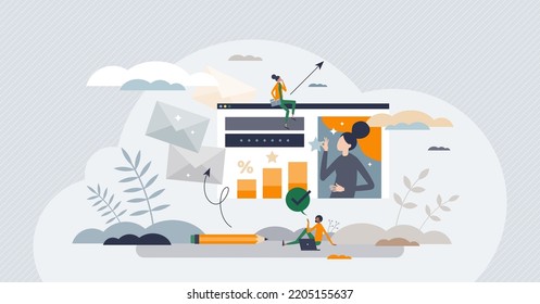 Marketing Campaign Management For Effective Performance Tiny Person Concept. Advertising Smart Planning With Efficiency And Cost Research Vector Illustration. Organization Promotion Results Evaluation