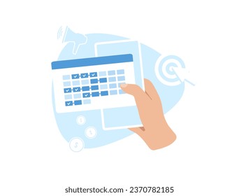 Marketing campaign plan. Monthly advertising plan, scheduled by day on calendar. Digital marketing roadmap, ad management strategy business. Vector isolated illustration on white background with icons