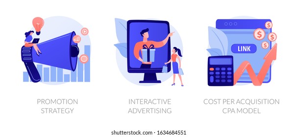 Marketing campaign planning, targeted ad, expenses analysis. Promotion strategy, interactive advertising, cost per acquisition CPA model metaphors. Vector isolated concept metaphor illustrations