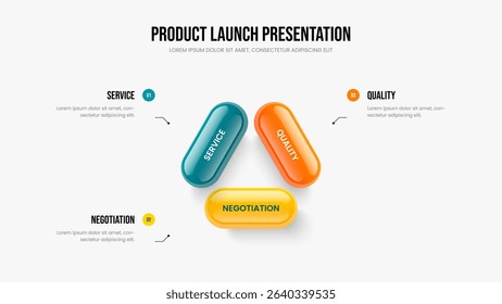 Marketing Campaign Presentation Layout Vector Illustration. Market Performance Three Step Diagram Slide Design. Creative Introduction 3 Option Infographic Frame Template.