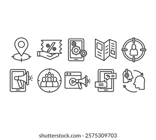 marketing campaign and promotion line icons set