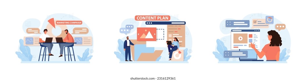 Marketing campaign set. Brand or product advertising with entertaining and engaging content. Character developing and following a content plan in social media and website. Flat vector illustration
