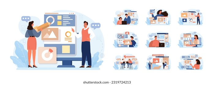 Marketing campaign set. Brand or product advertising with entertaining and engaging content. Character developing and following a content plan in social media and website. Flat vector illustration