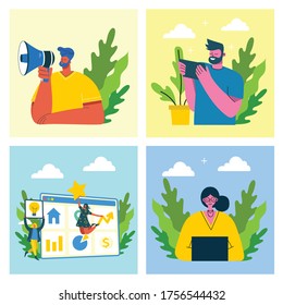 Marketing campaign, video conference, business analysis concept illustration in modern flat and clean design. Men and women use laptop and tablet.