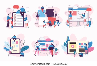 Marketing campaign, video conference, business analysis concept illustration in modern flat and clean design. Men and women use laptop and tablet.