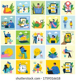 Marketing campaign, video conference, business analysis concept illustration in modern flat and clean design. Men and women use laptop and tablet.