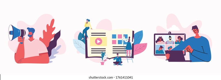 Marketing campaign, video conference, business analysis concept illustration in modern flat and clean design. Men and women use laptop and tablet.