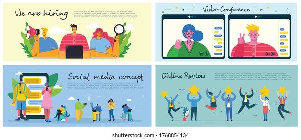 Marketing campaign, video conference, business analysis concept illustration in modern flat and clean design. Men and women use laptop and tablet in the flat design.