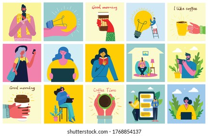 Marketing campaign, video conference, business analysis concept illustration in modern flat and clean design. Men and women use laptop and tablet in the flat design.