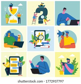 Marketing campaign, video conference, business analysis concept illustration in modern flat and clean design. Men and women use laptop and tablet in the modern flat design.