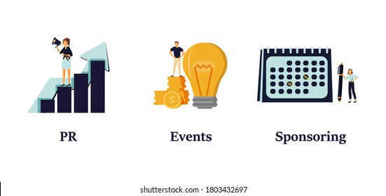 Marketing campaign, workflow planning and time management. Business funding, money investing cliparts set. PR, events, sponsoring metaphors. Vector isolated concept metaphor illustrations