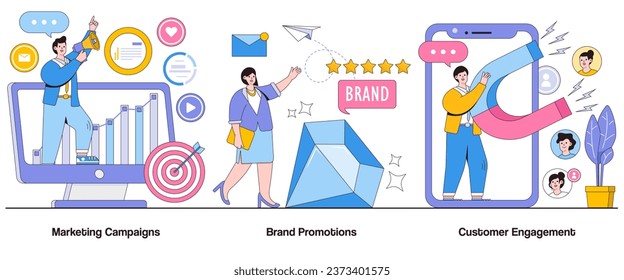 Marketing campaigns, brand promotions, customer engagement concept with character. Marketing success abstract vector illustration set. Campaign effectiveness, brand awareness, customer interaction.