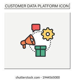 Marketing campaigns color icon.Promote products through different media types, such as television, radio, print, and online platforms.Customer data concept. Isolated vector illustration