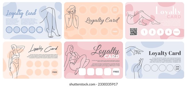 Diseño de tarjetas de marketing para el servicio de salón de belleza. Carácter de mujer de línea en la colección de tarjetas de lealtad, ilustración vectorial. Procedimiento de tratamiento promoción, venta y descuento especiales