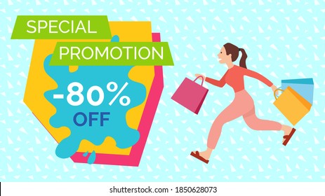 Marketing, cartoon customer female consumer run to the store. Promotion of sales and discounts in the shop. A girl with packages in her hands runs to the store for shopping. Sale advertising