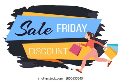 Marketing, cartoon customer female consumer run to the store. Promotion of sales and discounts in the shop. A girl with packages in her hands runs to the store for shopping. Sale advertising