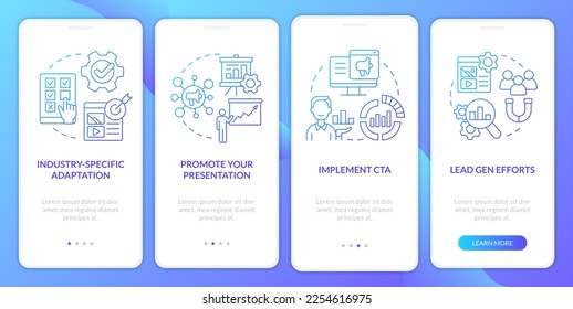 Marketing case study blue gradient onboarding mobile app screen. Business walkthrough 4 steps graphic instructions with linear concepts. UI, UX, GUI template. Myriad Pro-Bold, Regular fonts used