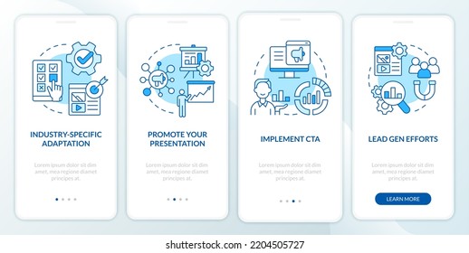 Marketing case study blue onboarding mobile app screen. Business walkthrough 4 steps editable graphic instructions with linear concepts. UI, UX, GUI template. Myriad Pro-Bold, Regular fonts used