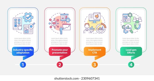 Marketing case study rectangle infographic template. Business Data visualization with 4 steps. Editable timeline info chart. Workflow layout with line icons. Myriad Pro-Bold, Regular fonts used