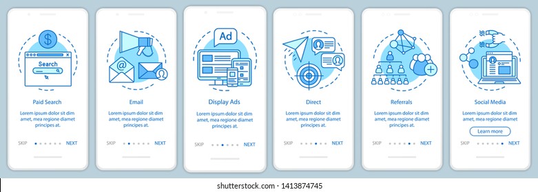 Marketing channels blue onboarding mobile app page screen vector template. Ways of customer attraction walkthrough website steps with linear illustrations. UX, UI, GUI smartphone interface concept