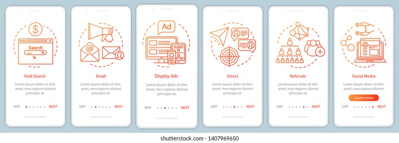 Marketing channels orange gradient onboarding mobile app page screen vector template. Ways of customer attraction walkthrough website steps with illustrations. UX, UI, GUI smartphone interface concept