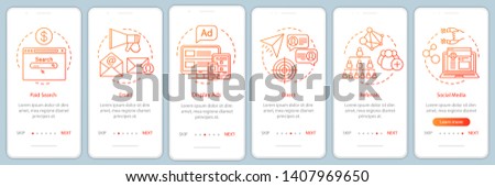Marketing channels orange gradient onboarding mobile app page screen vector template. Ways of customer attraction walkthrough website steps with illustrations. UX, UI, GUI smartphone interface concept