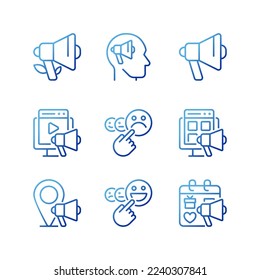 Marketing channels pixel perfect gradient linear vector icons set. Customer satisfaction. Brand awareness. Thin line contour symbol designs bundle. Isolated outline illustrations collection