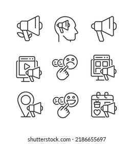Marketing channels pixel perfect linear icons set. Sharing information. Customer satisfaction. Brand awareness. Customizable thin line symbols. Isolated vector outline illustrations. Editable stroke