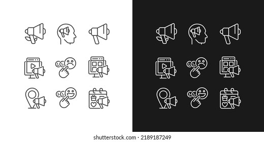 Canales de marketing píxeles perfectos iconos lineales ajustados para el modo oscuro y claro. Satisfacción del cliente. Conciencia de la marca. Símbolos delgados para la noche, tema del día. Ilustraciones aisladas. Trazo editable