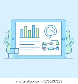 Marketing chart on tablet with light outline style. Vector illustration. Business vector illustration. Ready to use for website, mobile app, presentation and any other projects. EPS10