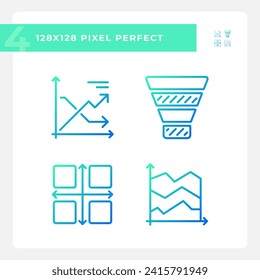 Marketing charts gradient linear vector icons set. Sales analysis. Business strategy. Process improvement. Thin line contour symbol designs bundle. Isolated outline illustrations collection