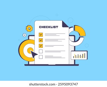 Marketing checklist for business planning, content marketing, product promotion and SEO optimization. Strategic planning checklist with key tasks, digital campaigns, performance tracking for success