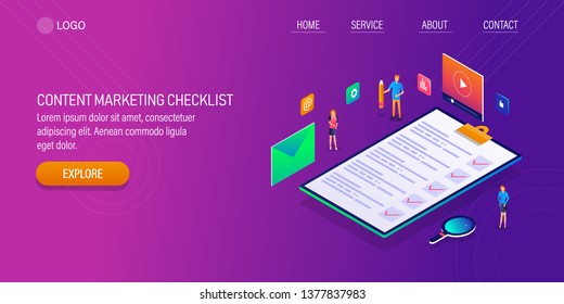Marketing checklist, Content marketing, Digital content strategy, 3D, isometric vector banner with icons and texts