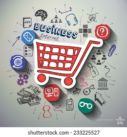 Marketing collage with icons background. Vector illustration