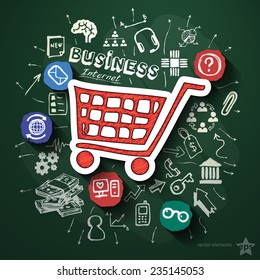Marketing collage with icons on blackboard. Vector illustration