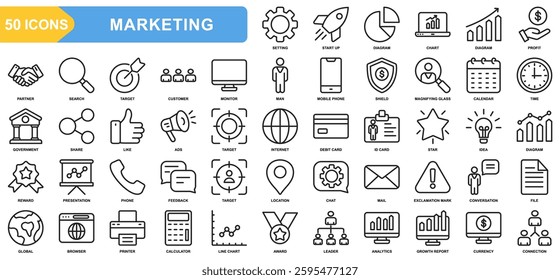 Marketing collection icon set. Start up, Diagram, Chart, Partner, profit, Target, Customer. Simple Line vector.
