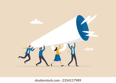 Marketing communication, announce promotion or communicate with employees, community or organization speech, loud voice or announcement concept, business people PR public relation shout on megaphone.