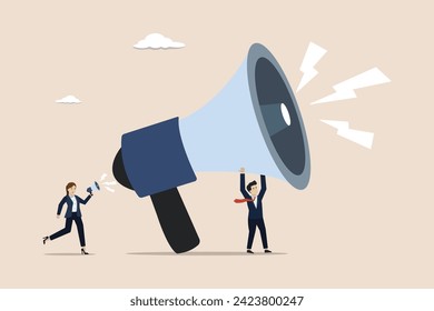 Marketing communication, announce promotion, speech or announcement concept, businessman shouting on megaphone for important announcement.