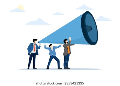 marketing communication concept, announcing promotion or communicating with employees, community or organization speech, loud voice or announcement, PR businessman shouting on megaphone.