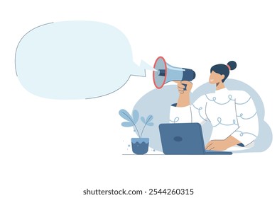 Marketing communication concept, Important notice announcement, Promote products, With large speech bubbles, Female employee holds a loudspeaker in her hand announcing news of the organization.
