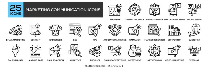 Marketing Communication Icons icon collection set. Containing design Marketing Strategy, Target Audience, Brand Identity, Digital Marketing, Social Media Marketing