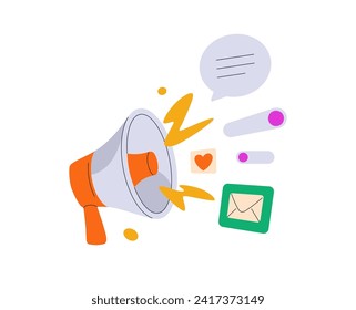 Marketing communication, promotion campaign concept. Loudspeaker and creative advertising. Bullhorn, megaphone announcing news, messages. Flat vector illustration isolated on white background